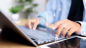 Deepfake concept ,Facial tracking, detection and recognition technology, Security system. Cyber security and Security password login online concept.